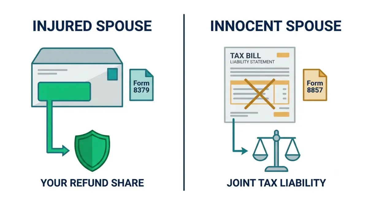 Injured Spouse Relief versus innocent spouse relief vector comparison, showing Form 8379 for recovering a refund share and Form 8857 for addressing a joint tax bill.
