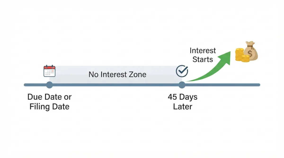 Vector diagram showing IRS 45-day window and tax refund interest start date