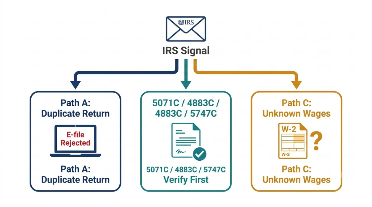 Three IRS response paths for Taxes identity theft: duplicate e-file rejection, verification letter, and unknown wages notice