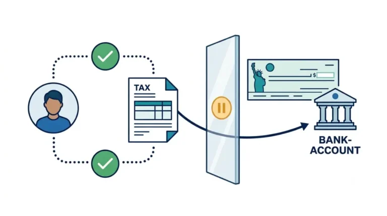 IRS Letter 5071C vector illustration showing a tax refund paused until identity and return verification are completed.
