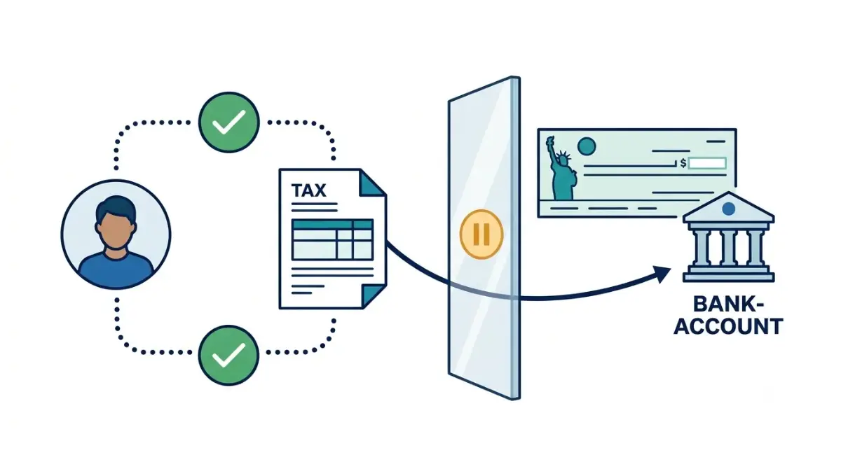 IRS Letter 5071C vector illustration showing a tax refund paused until identity and return verification are completed.