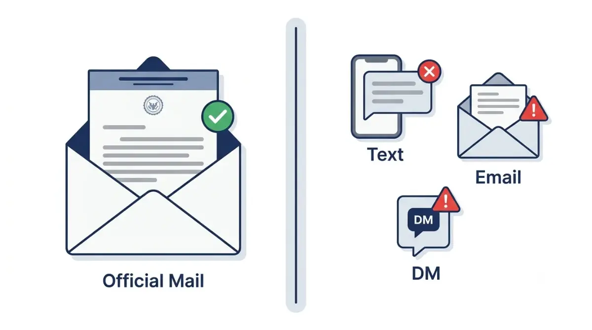 Tax Refund Scams: vector comparison of an official IRS mailed letter and fake refund texts, emails, and social media DMs