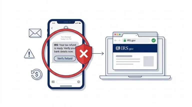 Tax Refund Scams: vector illustration of a fake IRS refund text message being blocked, with safe IRS.gov verification