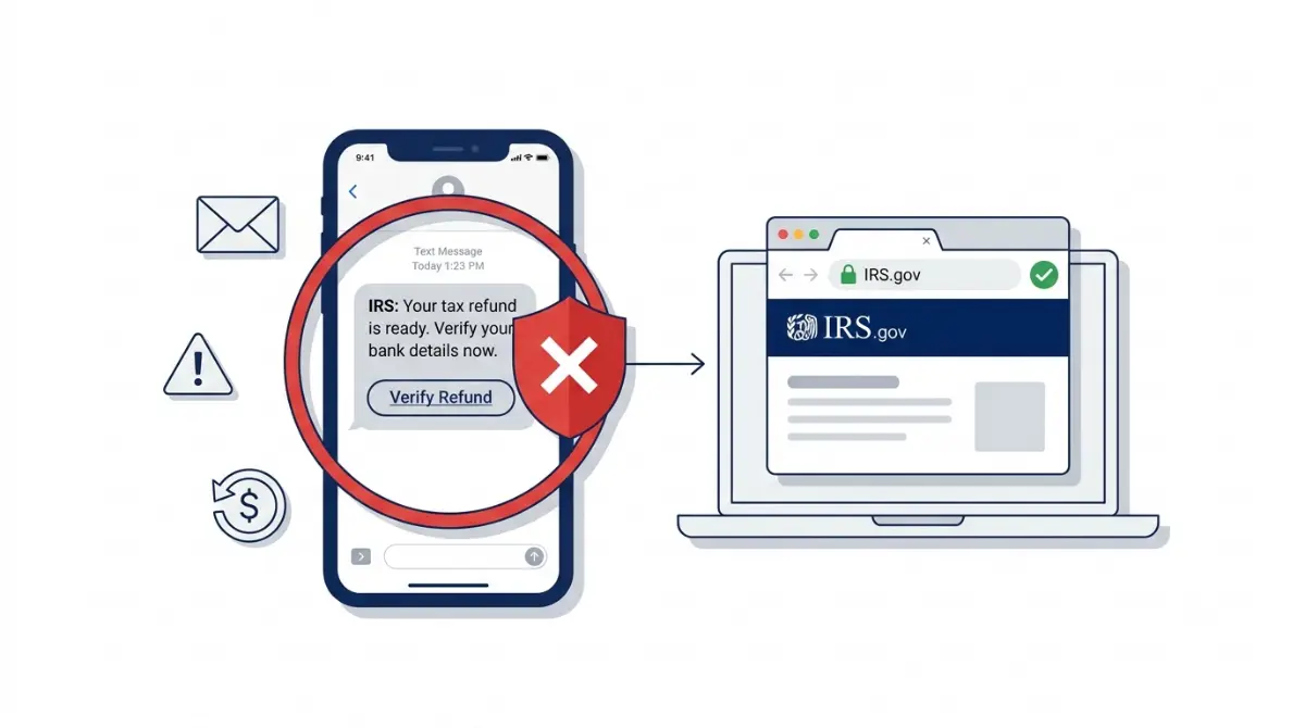 Tax Refund Scams: vector illustration of a fake IRS refund text message being blocked, with safe IRS.gov verification