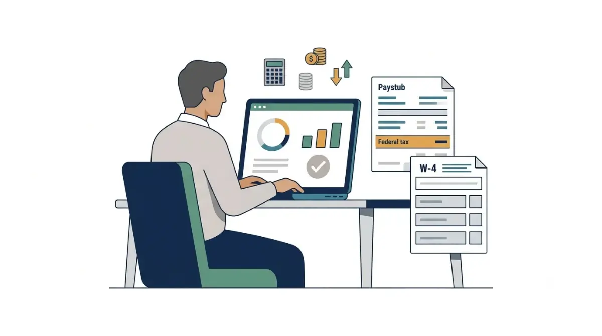 Person using the Tax Withholding Estimator on a laptop beside a paystub and Form W-4.