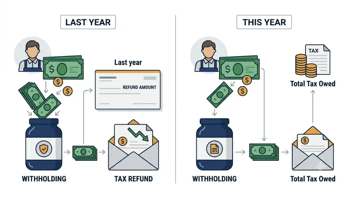 Tax Refund Lower Than Last Year: vector comparison showing lower tax withholding with the same tax owed producing a smaller refund