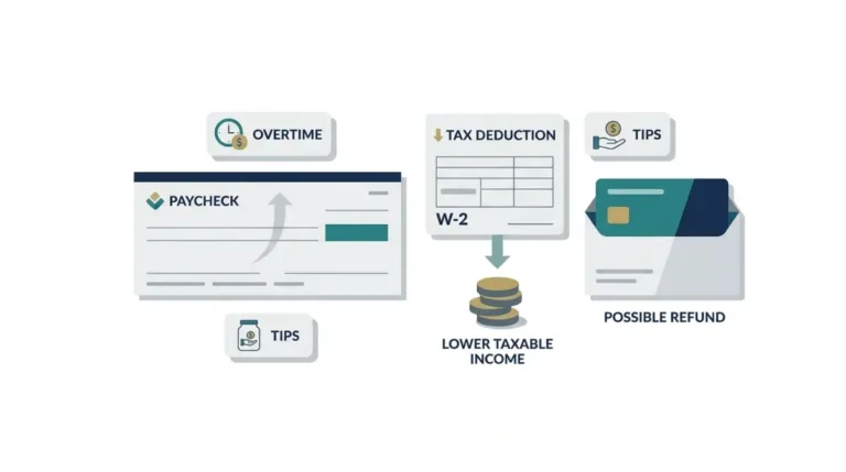 Overtime and tips deduction shown from paycheck withholding to lower taxable income and a possible tax refund