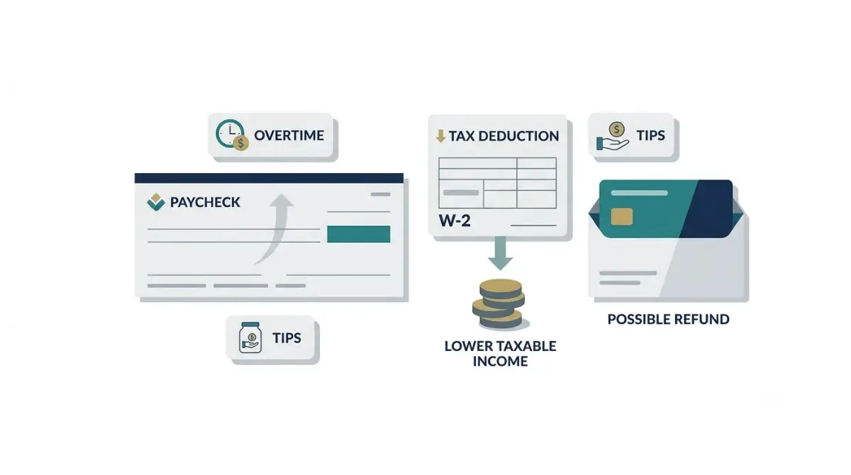 Overtime and tips deduction shown from paycheck withholding to lower taxable income and a possible tax refund