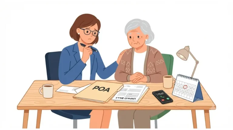 Family reviewing financial documents with Parent who has dementia, no power of attorney yet