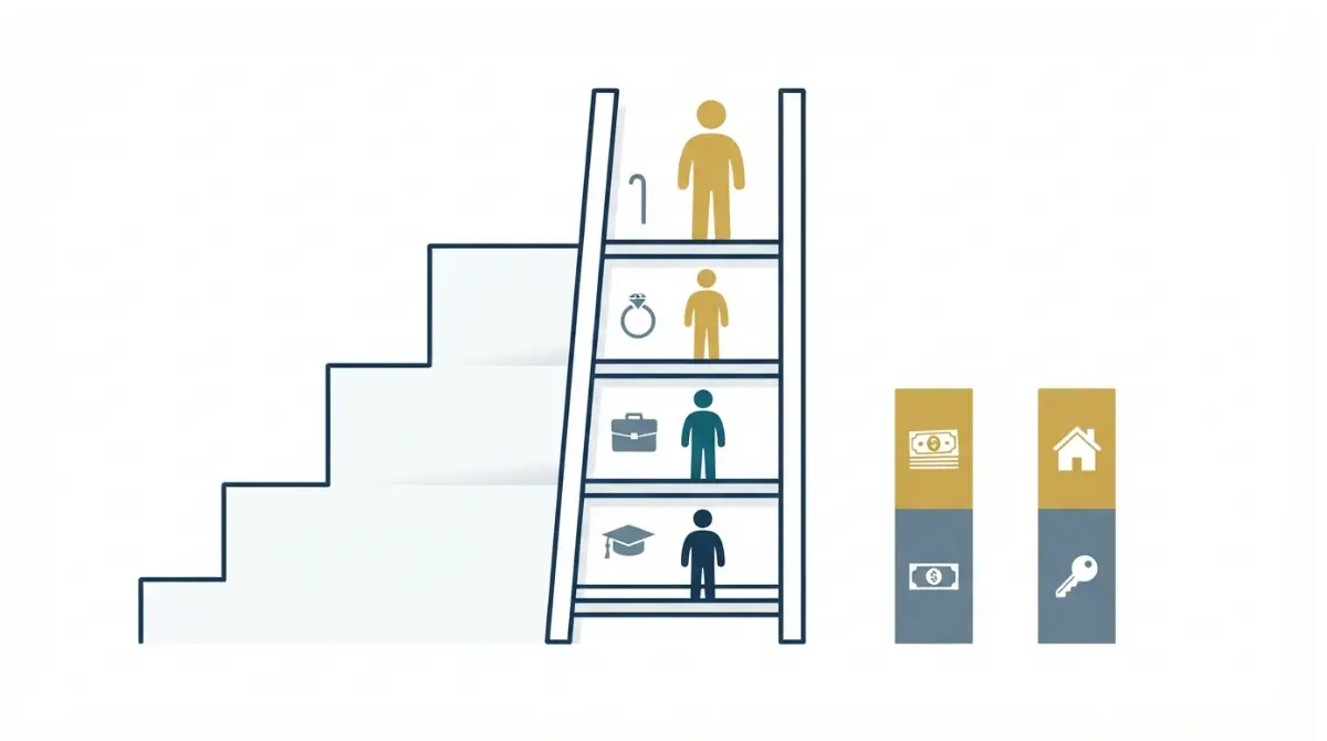 Percentage of Americans with a will by age, income, and homeownership shown as a stepped ladder vector illustration