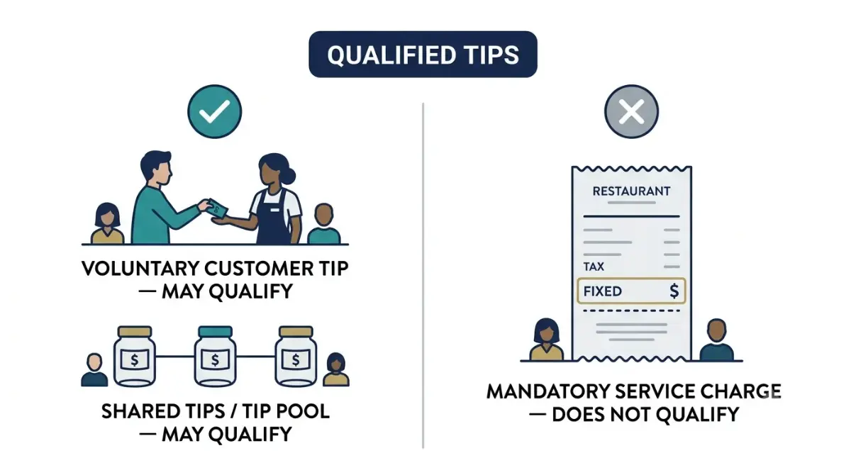 Qualified tips deduction comparison showing voluntary tips and shared tips as eligible, while mandatory service charges are not