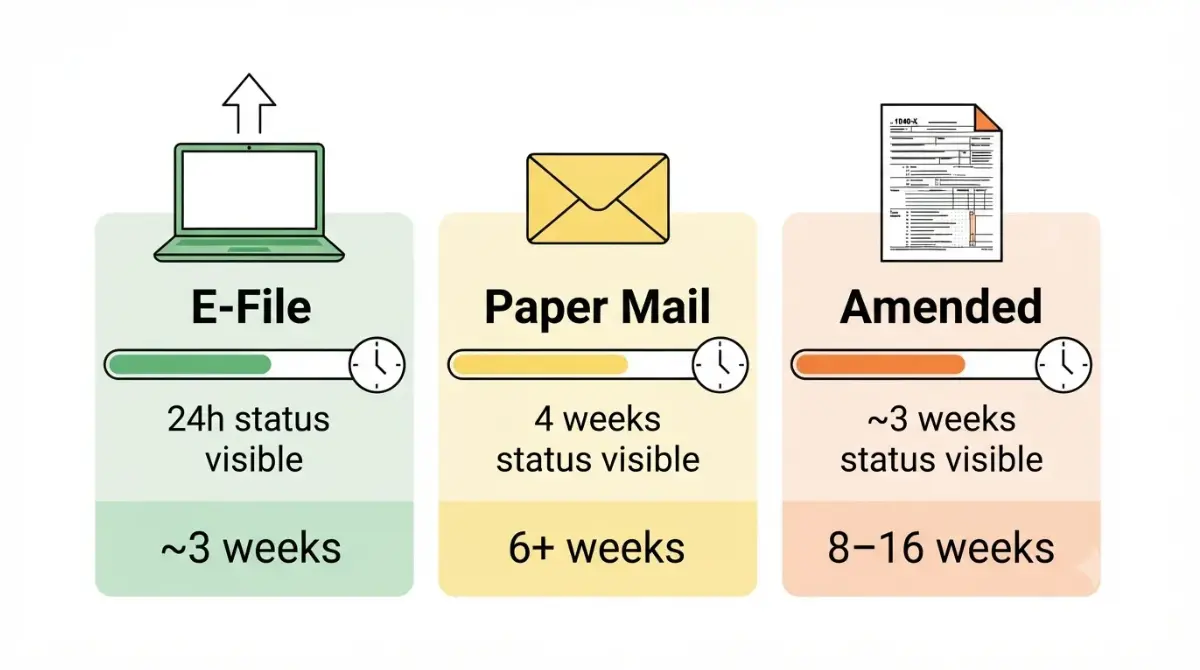 “Comparison of Tax Refund Schedule by filing method – e-file, paper mail, and amended return with icons and timelines”
