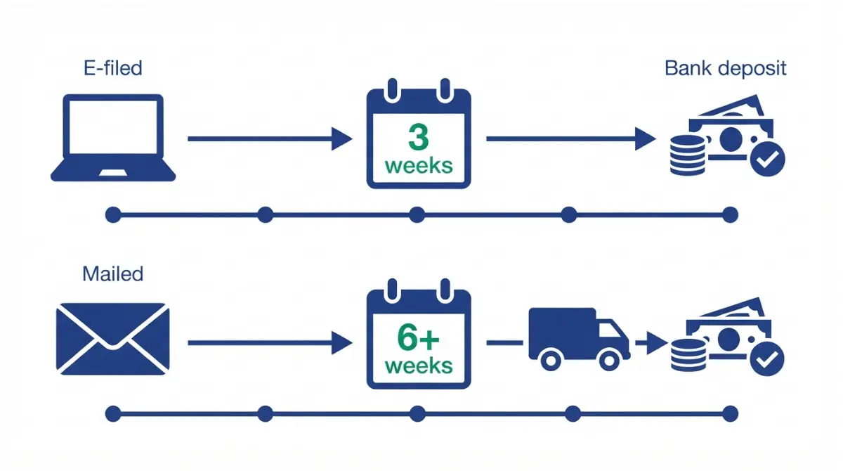 Vector timeline comparing IRS refund processing times showing Refund Approved status arrival for e-filed versus mailed tax returns