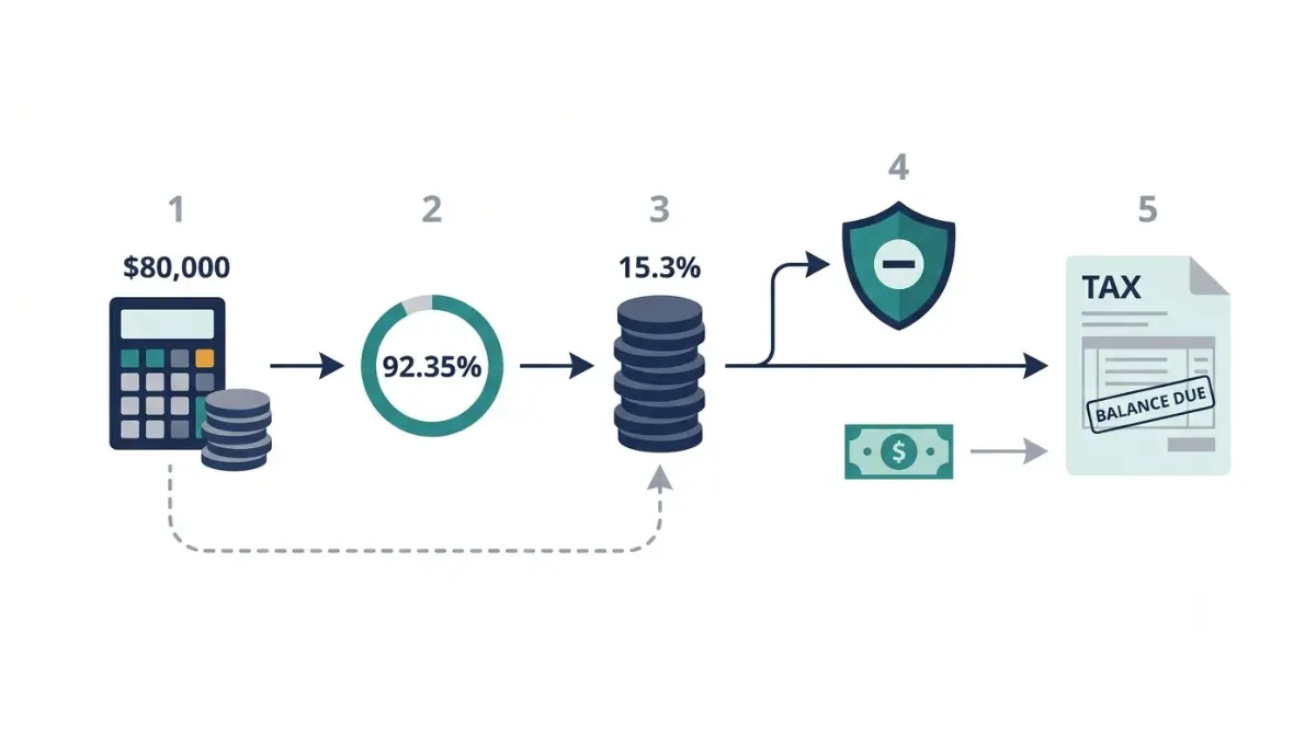 Self-Employed Tax Refund calculation flow for an $80,000 freelancer, showing net profit, self-employment tax, deduction, and total tax.