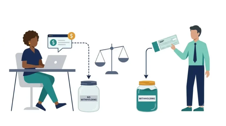 Self-Employed Tax Refund versus tax owed: vector comparison of freelancer income without withholding and employee paycheck with tax withheld.