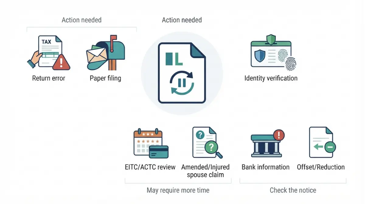 Tax Refund delay causes including errors, paper filing, credits, bank details, identity checks, amended claims, and offsets