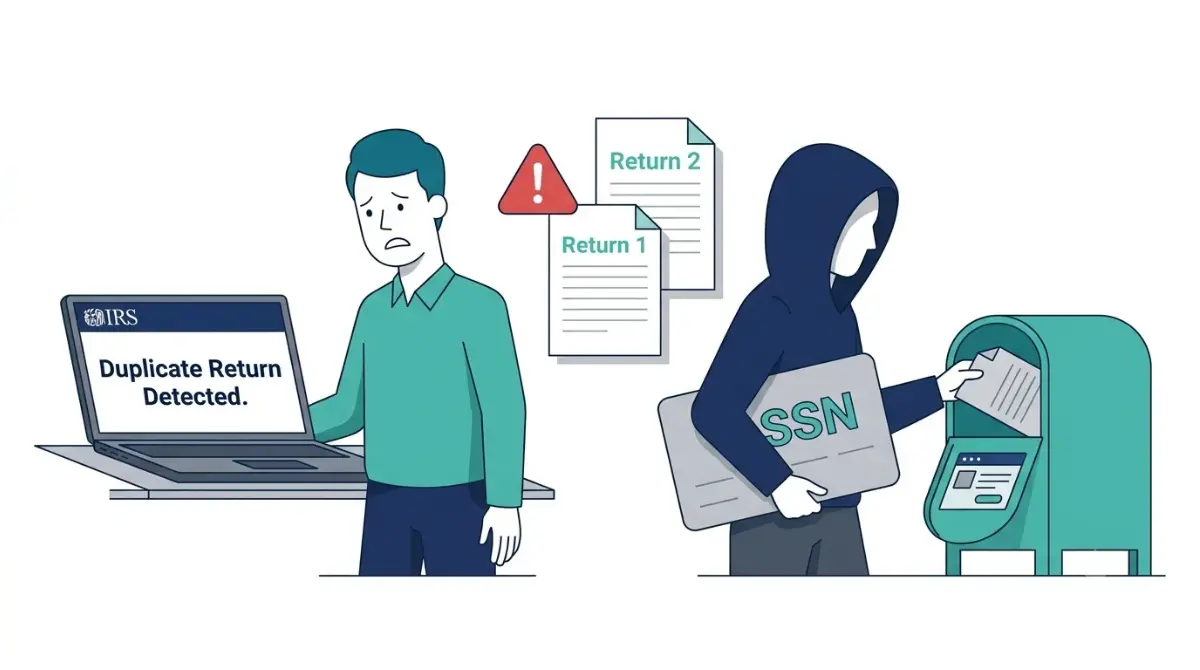 Someone filed Taxes with your SSN: vector illustration of a fraudulent tax return causing an IRS duplicate-return rejection