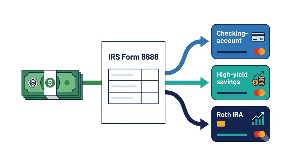 Tax Refund split into three bank accounts using IRS Form 8888 vector illustration