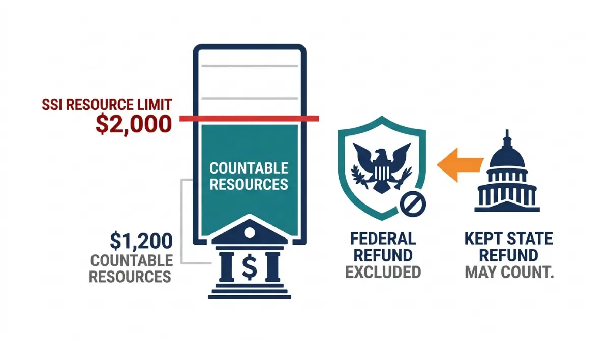 Tax Refund and SSI resource limit illustration showing a federal Tax Refund excluded from the $2,000 SSI limit