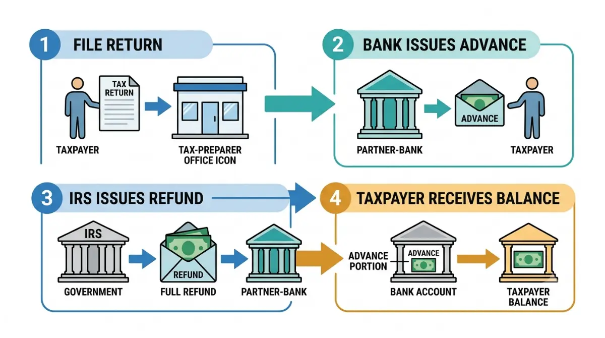 Tax Refund Advance loan repayment flow showing a bank issuing an advance and the IRS refund repaying the loan