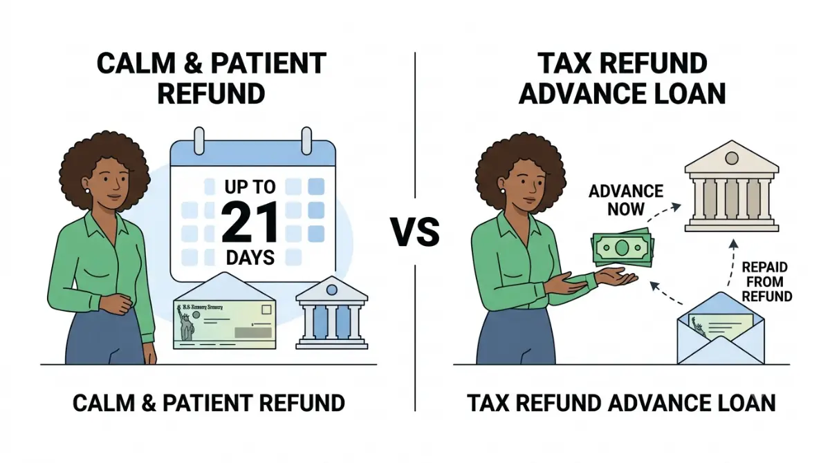 Tax Refund Advance compared with waiting up to 21 days for an IRS tax refund, shown in a simple financial illustration