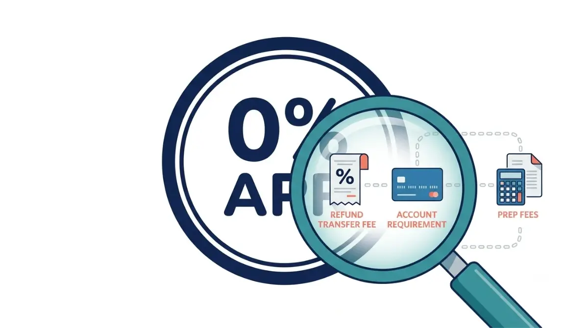 Tax Refund Advance with 0% APR may still include refund transfer fees, account requirements, and tax preparation costs