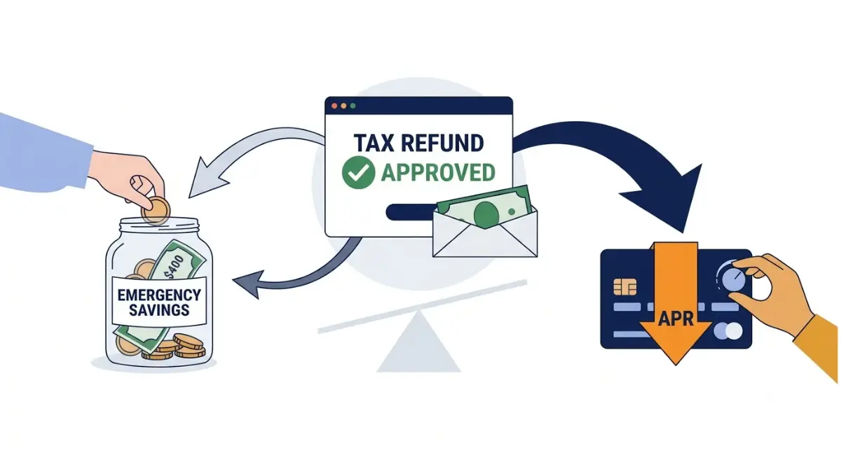 Tax Refund split between emergency savings and credit card debt repayment illustration
