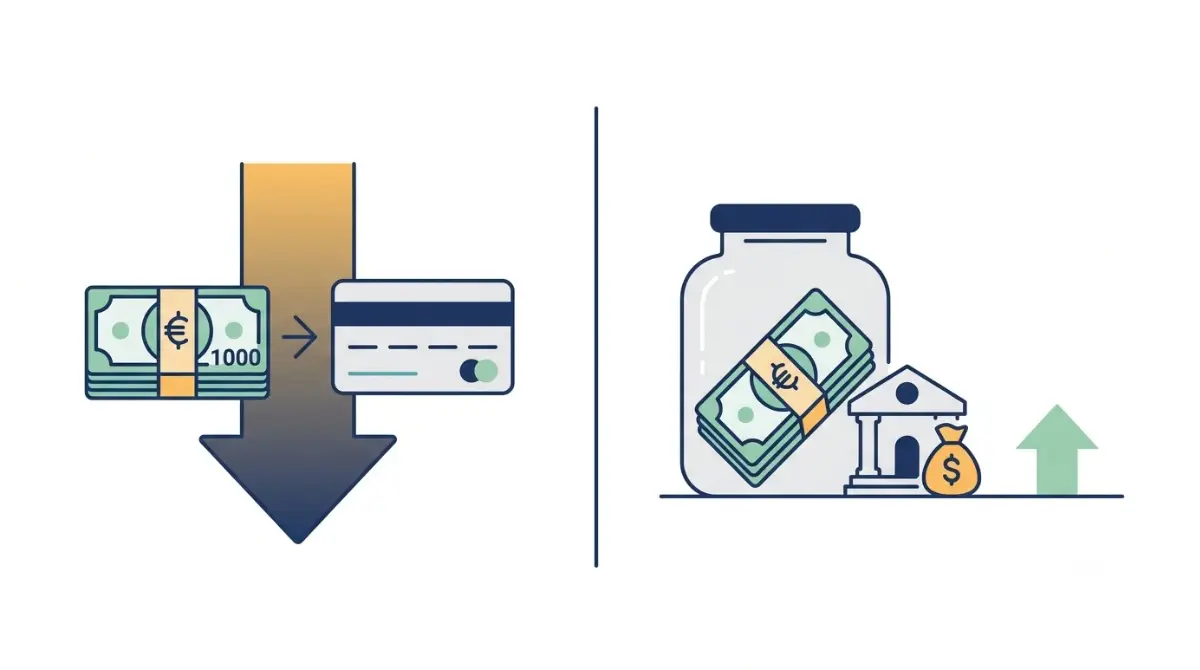 Tax Refund comparison vector illustration showing $1,000 reducing credit card interest on one side and earning a small amount in savings on the other.