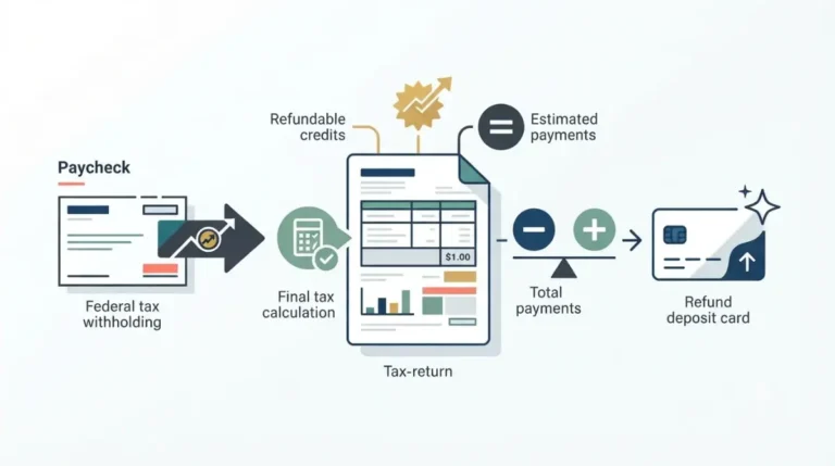 Tax Refund Formula vector illustration showing paycheck withholding, estimated payments, refundable credits, final tax, and a federal refund