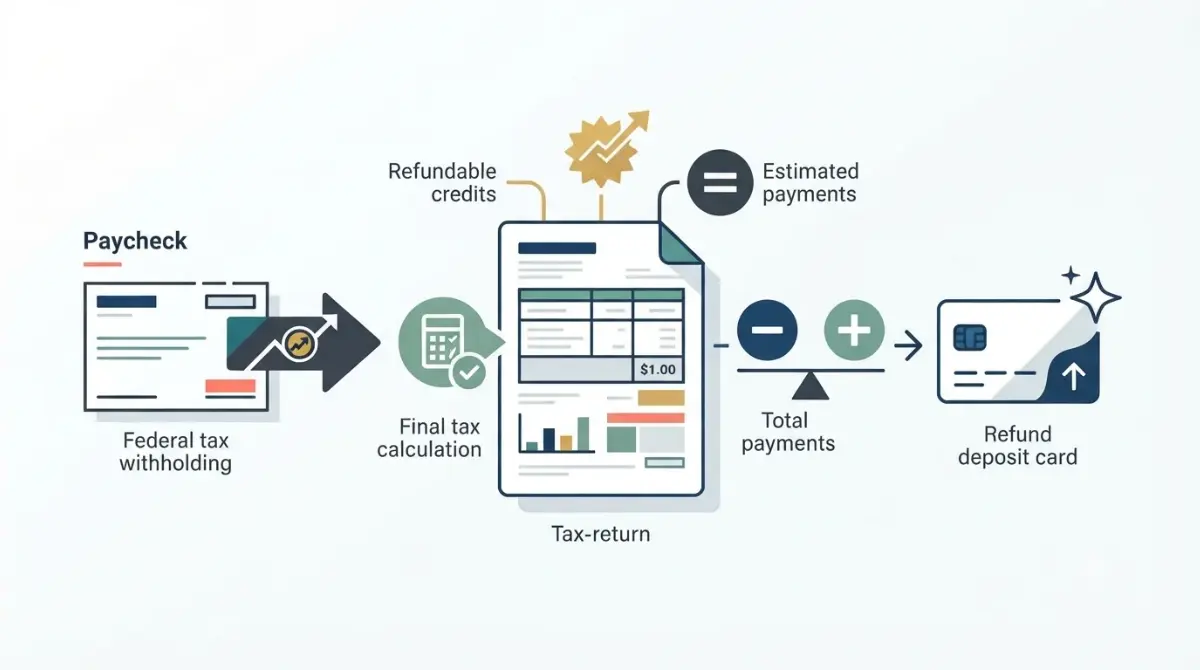 Tax Refund Formula vector illustration showing paycheck withholding, estimated payments, refundable credits, final tax, and a federal refund