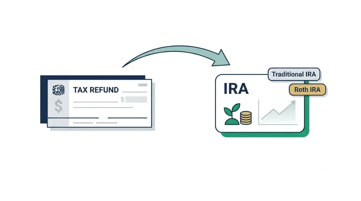 Tax Refund IRA Contribution: flat vector illustration showing a U.S. tax refund being deposited into a traditional or Roth IRA