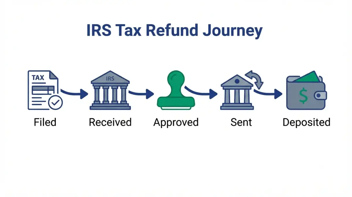 Professional vector illustration showing the complete tax refund journey from filing to Refund Approved status and final bank deposit