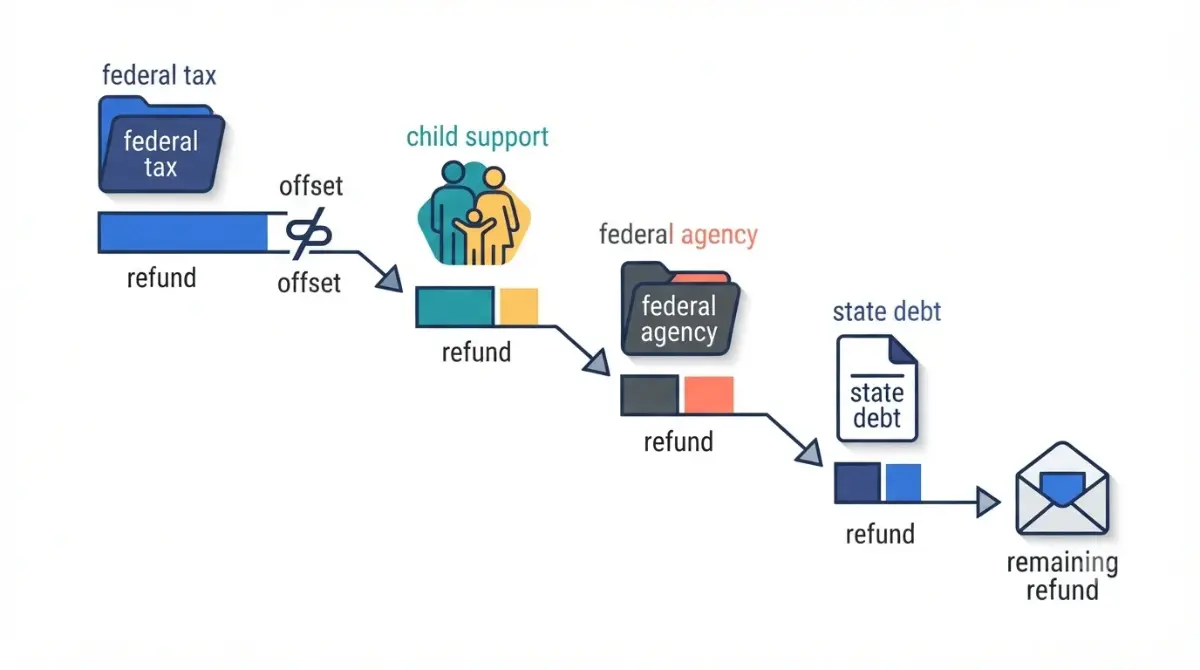 Tax Refund Offset illustration showing a refund balance decreasing as eligible debts are applied