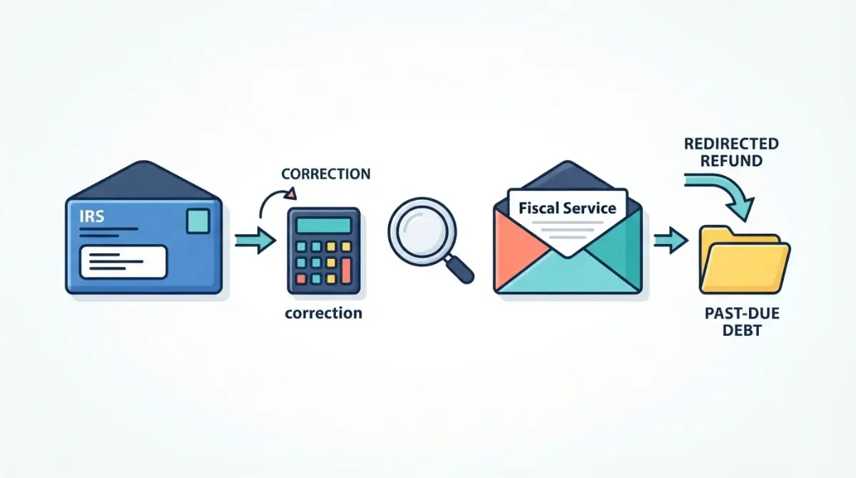 Tax Refund Offset comparison showing an IRS correction notice and a Fiscal Service offset notice
