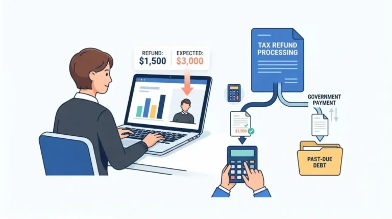 Tax Refund Offset illustration showing an IRS correction or debt offset reducing an expected tax refund