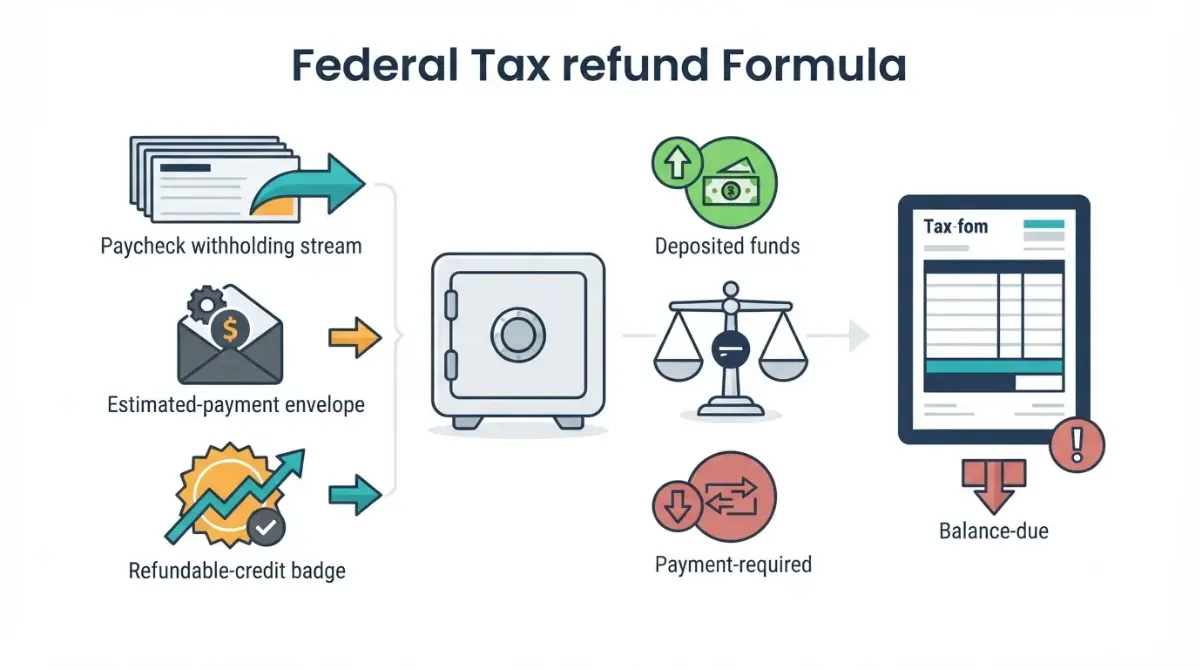 Tax Refund Formula diagram comparing withholding, estimated payments, and refundable credits with final tax to show a refund or balance due
