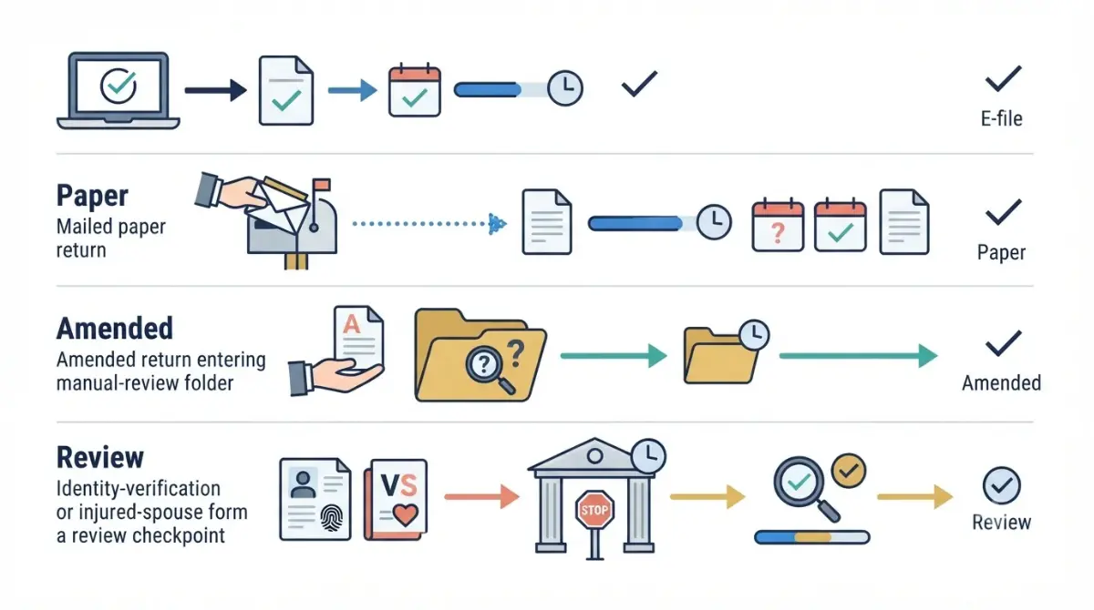 Tax Refund comparison showing electronic, paper, amended, and identity-verification processing paths