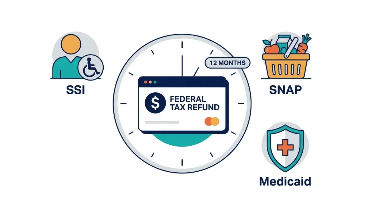 Tax Refund protection for SSI, SNAP, and Medicaid benefits shown in a 12-month federal exclusion illustration