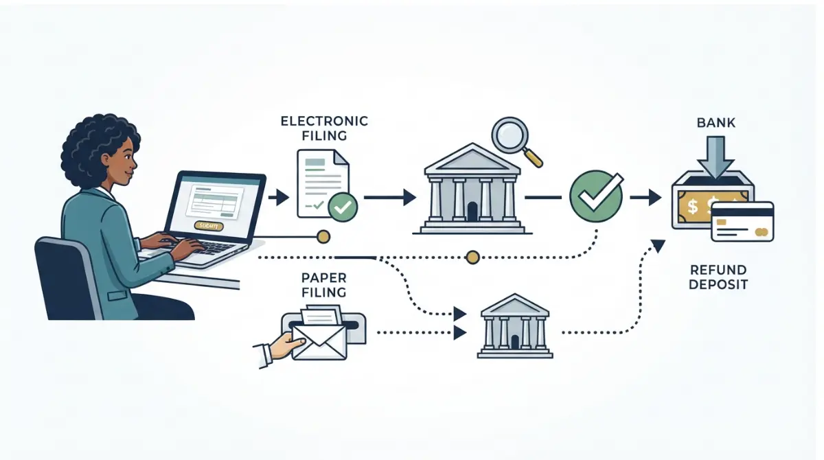 Tax Refund journey from electronic filing through IRS processing to a bank deposit, with a slower paper-return path