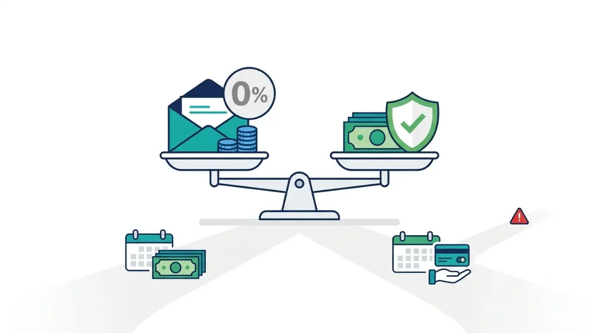 Tax Refund versus owing taxes vector illustration comparing an interest-free Tax Refund with a small balance due inside the IRS safe harbor.