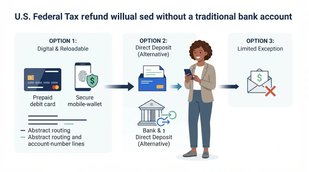 Tax Refund options showing a prepaid card, new account, and limited paper-check exception