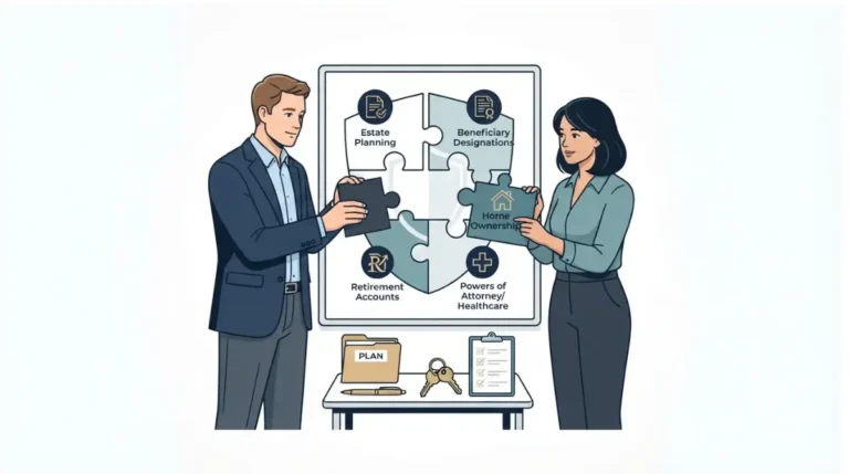 Estate Planning for unmarried couples with legal documents, beneficiary forms, home ownership papers, retirement accounts, and powers of attorney