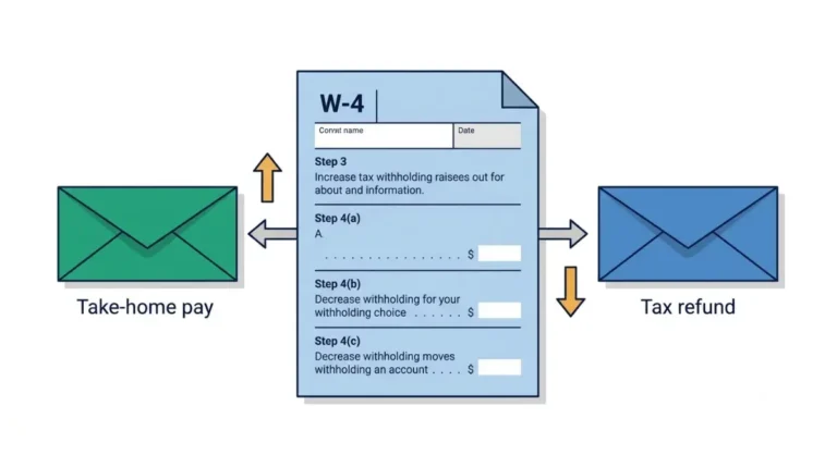 Refund versus take-home pay tradeoff shown through a W-4 withholding adjustment vector illustration