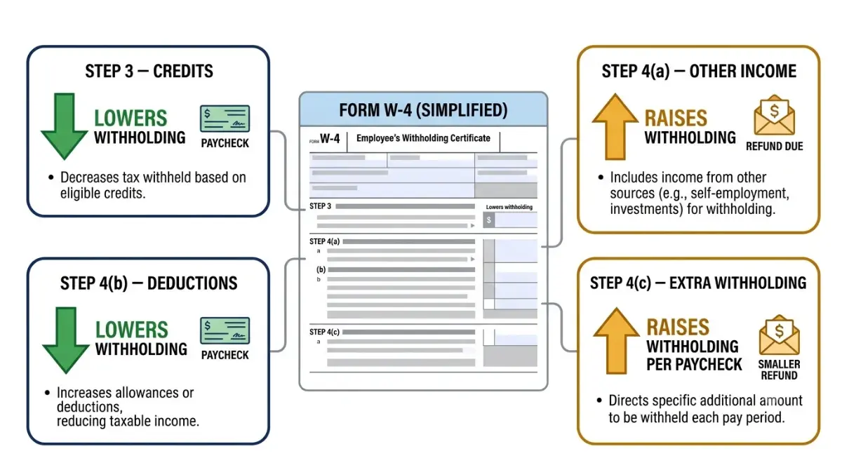 Refund withholding levers on Form W-4 showing Step 3 and 4b lowering withholding while Step 4a and 4c raise it