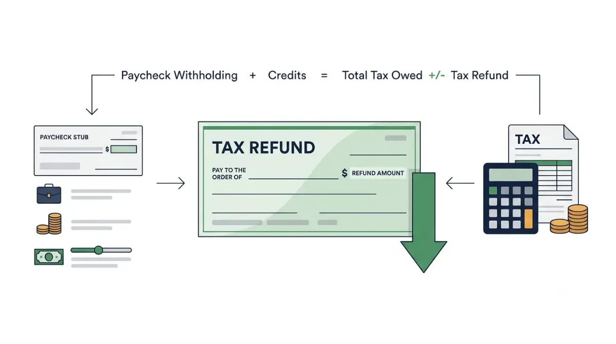 Tax Refund Lower Than Last Year: vector illustration showing total tax payments minus total tax owed equals a smaller refund
